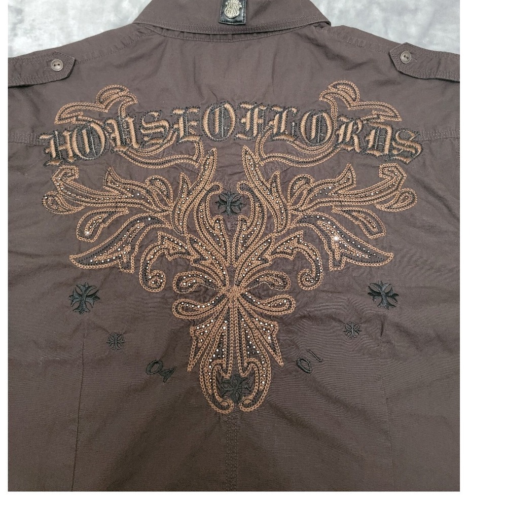 House of Lords Men's XL Short Sleeve Brown Embroidered Shirt Gothic, Moto, Rock